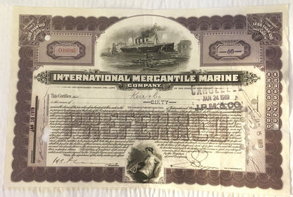 International Mercantile Marine Company stock certificate with ship engraving, ornate brown border, and handwritten sign