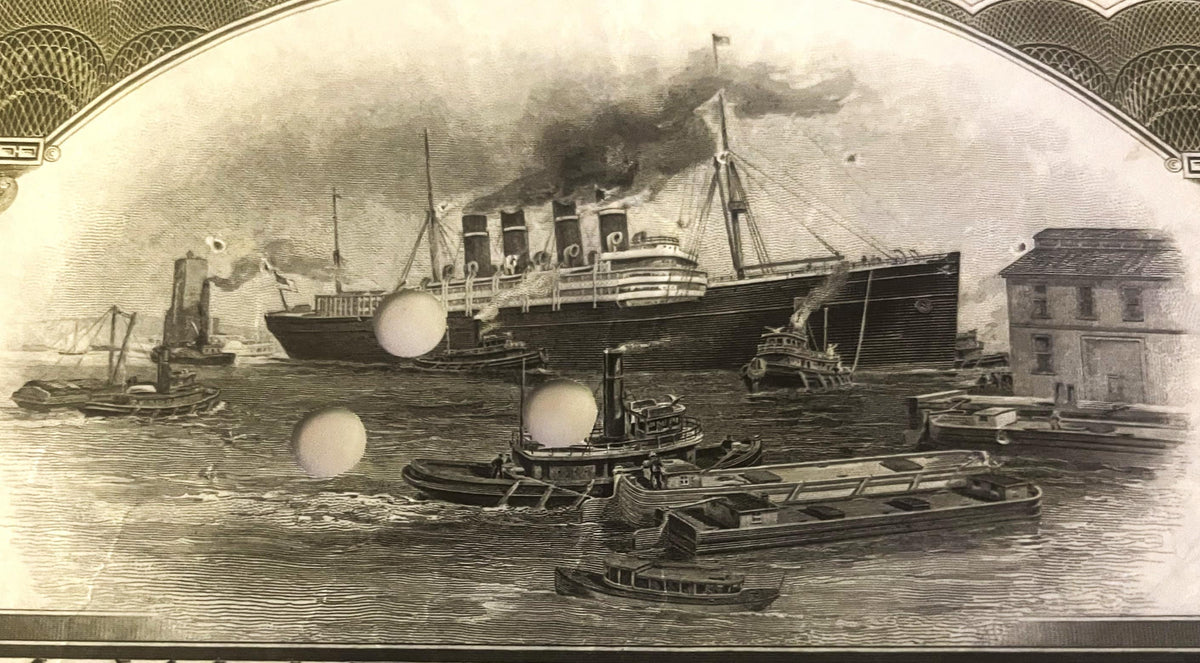 Engraved vignette showing steamship with four smokestacks in harbor surrounded by smaller tugboats and rowboats, ornate decor