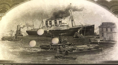 Engraved vignette showing steamship with four smokestacks in harbor surrounded by smaller tugboats and rowboats, ornate decor