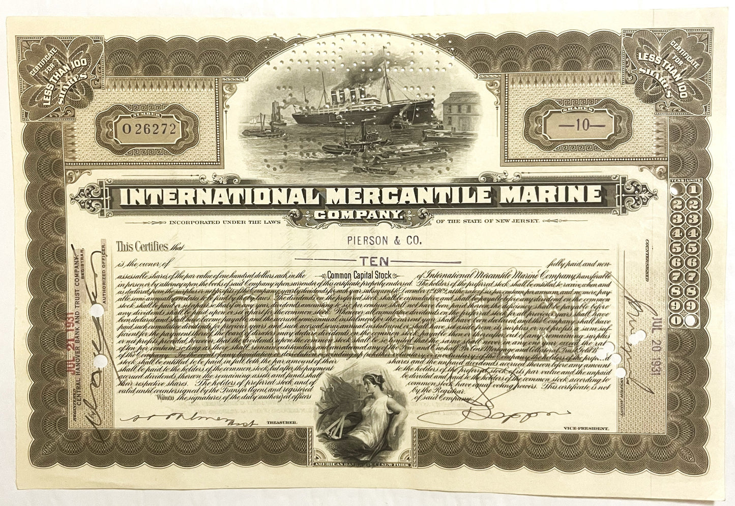 Ornate brown and cream stock certificate for International Mercantile Marine Company featuring steamship vignette and allegor