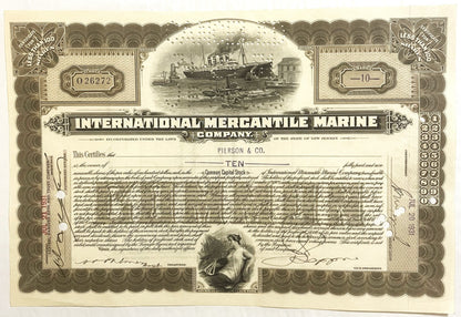 Ornate brown and cream stock certificate for International Mercantile Marine Company featuring steamship vignette and allegor