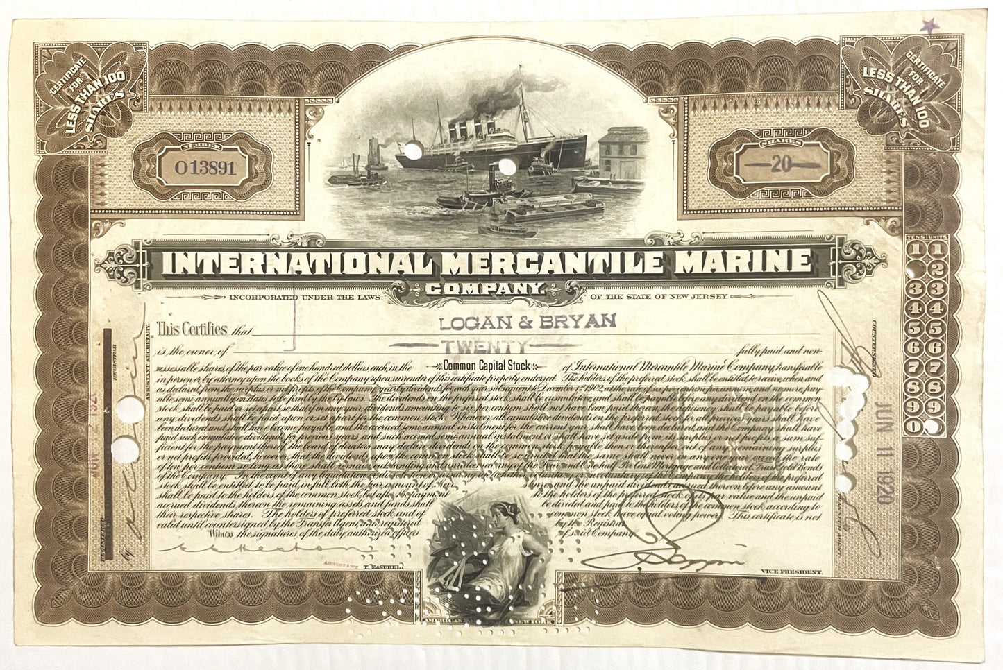 Antique stock certificate for International Mercantile Marine Company featuring steamship engraving, brown and cream colored 