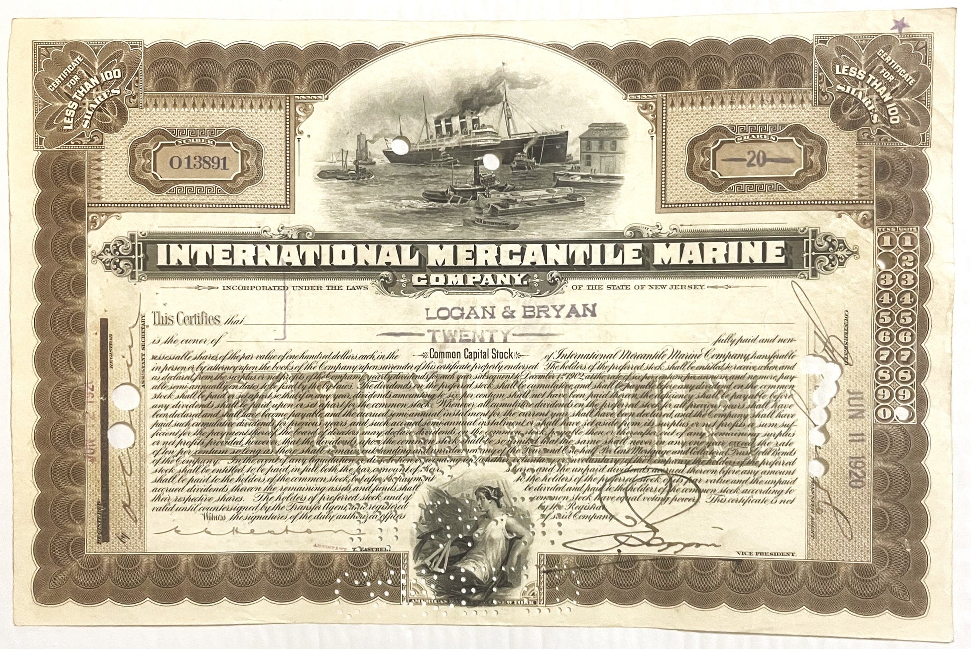 Antique stock certificate for International Mercantile Marine Company featuring steamship engraving, brown and cream colored 