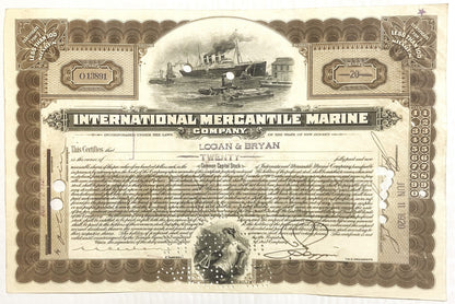 Antique stock certificate for International Mercantile Marine Company featuring steamship engraving, brown and cream colored 