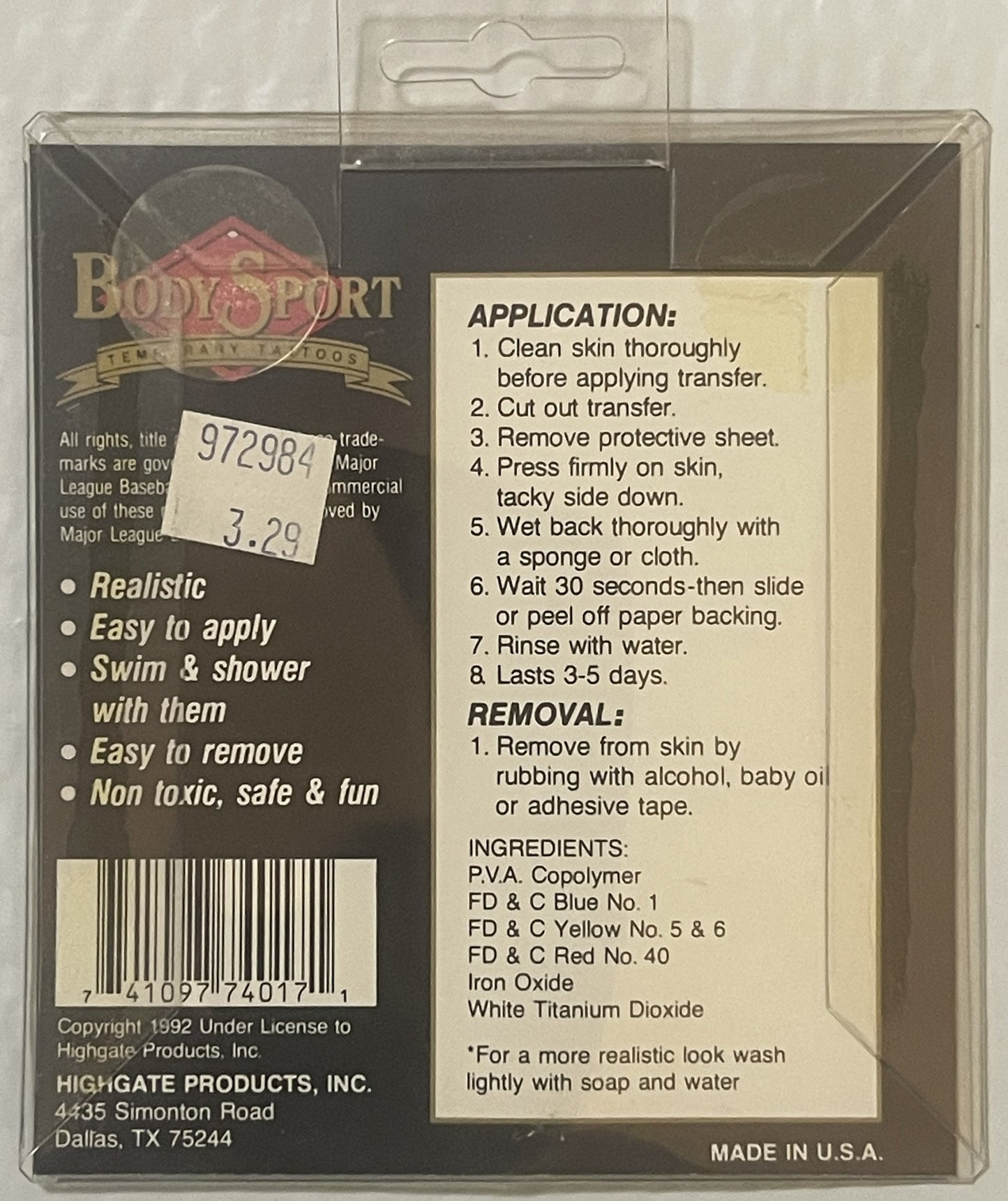Vintage 1992 Body Sport temporary tattoo package with application instructions and ingredients visible, price tag showing $3.