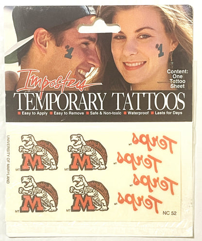 Vintage temporary tattoo package featuring University of Maryland Terps logo and text, with sample tattoos visible on sheet b