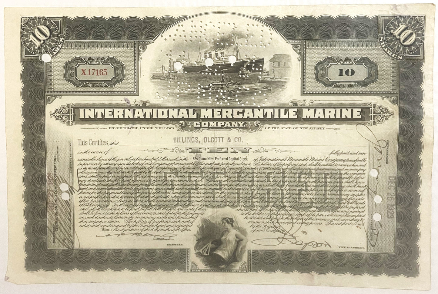 Antique stock certificate for International Mercantile Marine Company, 10 shares, featuring engraved steamship illustration a