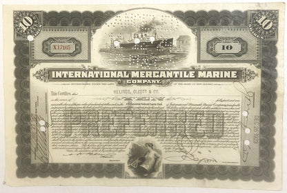 Antique stock certificate for International Mercantile Marine Company, 10 shares, featuring engraved steamship illustration a