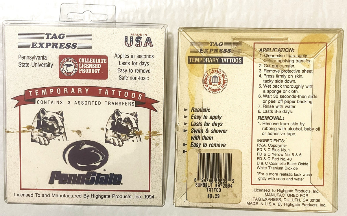 Two vintage 1994 Penn State Nittany Lions temporary tattoo packages by Tag Express, showing front and back packaging with lio