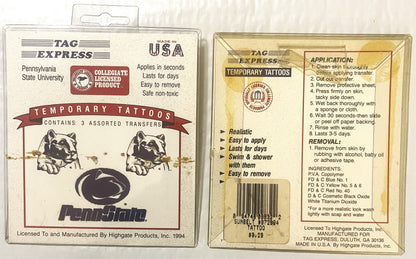 Two vintage 1994 Penn State Nittany Lions temporary tattoo packages by Tag Express, showing front and back packaging with lio