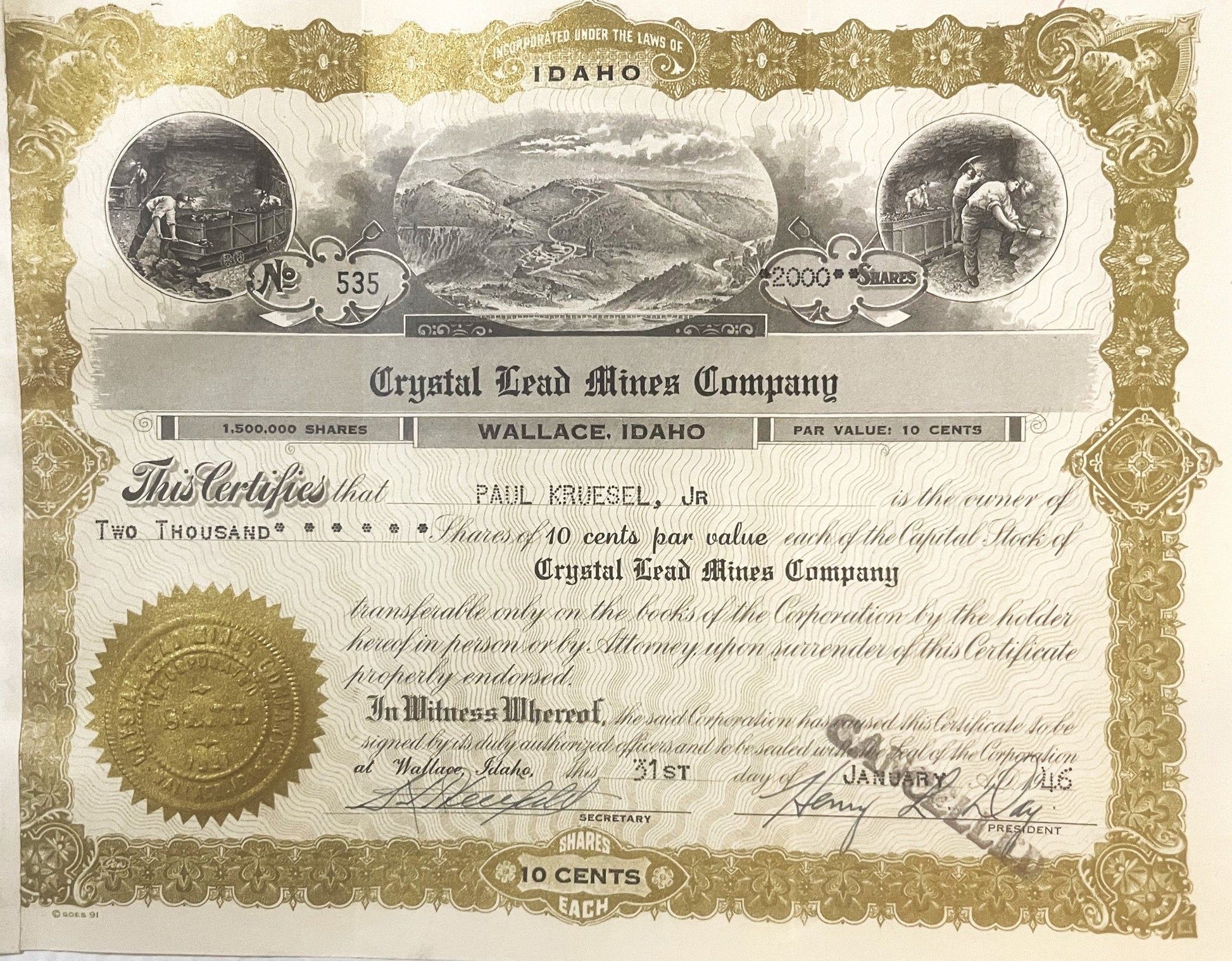Crystal Lead Mines Company stock certificate from Wallace, Idaho, showing ornate gold border, mining vignettes, and gold