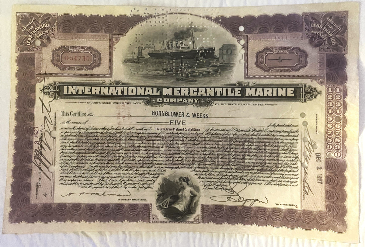 Vintage stock certificate for International Mercantile Marine Company featuring a steamship engraving, ornate brown borders, 