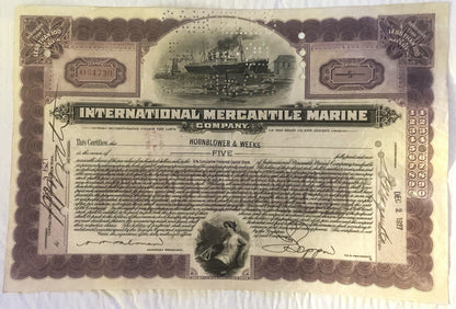 Vintage stock certificate for International Mercantile Marine Company featuring a steamship engraving, ornate brown borders, 