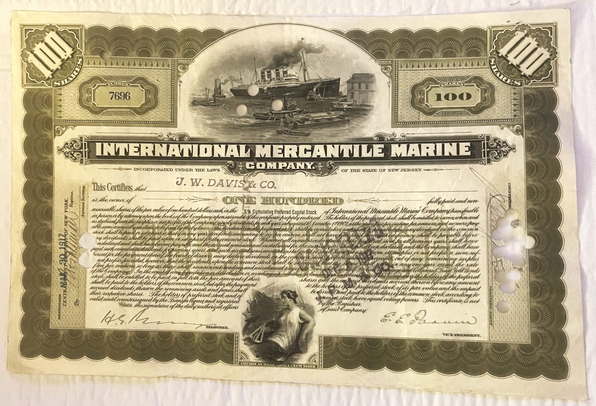 Vintage stock certificate with ornate tan border, steamship engraving, "100" denomination, and handwritten signatures on crea