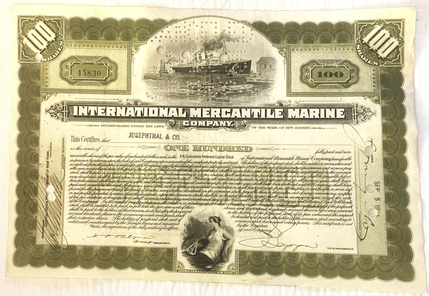 Vintage stock certificate for International Mercantile Marine Company, cream and olive tones, featuring steamship vignette an