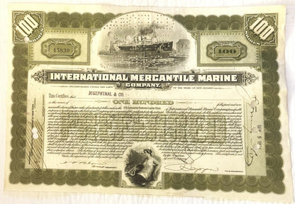 Vintage stock certificate for International Mercantile Marine Company, cream and olive tones, featuring steamship vignette an