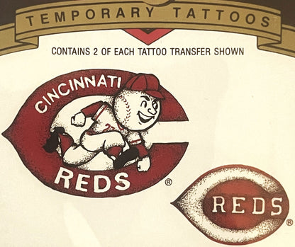 Vintage 1992 Cincinnati Reds temporary tattoo package showing Mr. Red mascot logo and smaller Reds oval logo on cream backgro