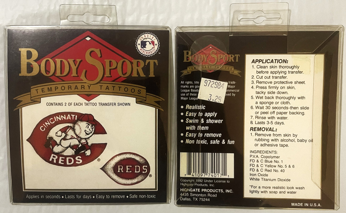 Front and back of vintage 1992 Cincinnati Reds temporary tattoo package in clear plastic case showing Mr. Red mascot logo and