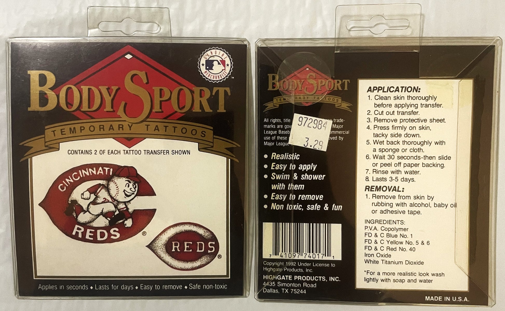 Front and back of vintage 1992 Cincinnati Reds temporary tattoo package in clear plastic case showing Mr. Red mascot logo and