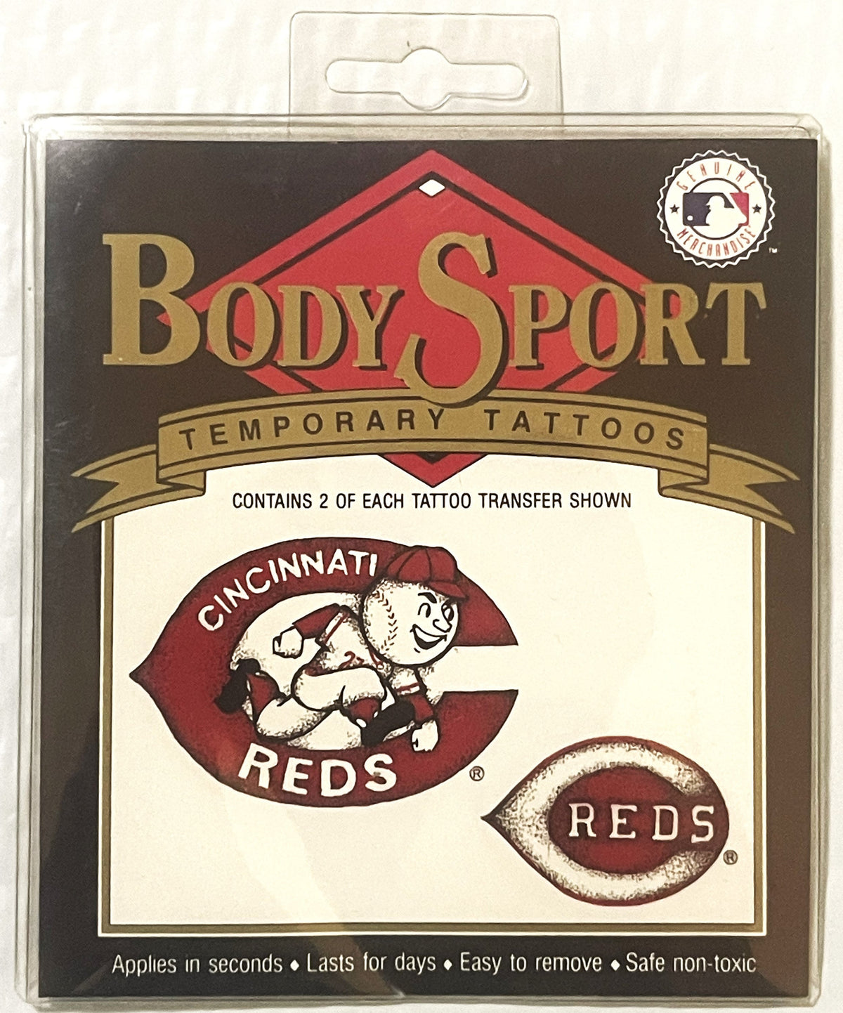 Sealed package of Body Sport temporary tattoos featuring Cincinnati Reds logos including Mr. Red mascot and baseball emblem i