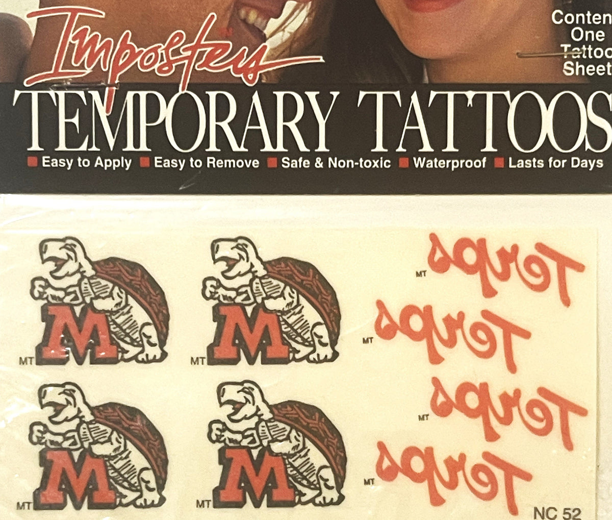 Vintage temporary tattoo sheet featuring Maryland Terrapins mascot logos and red script text on cream background.