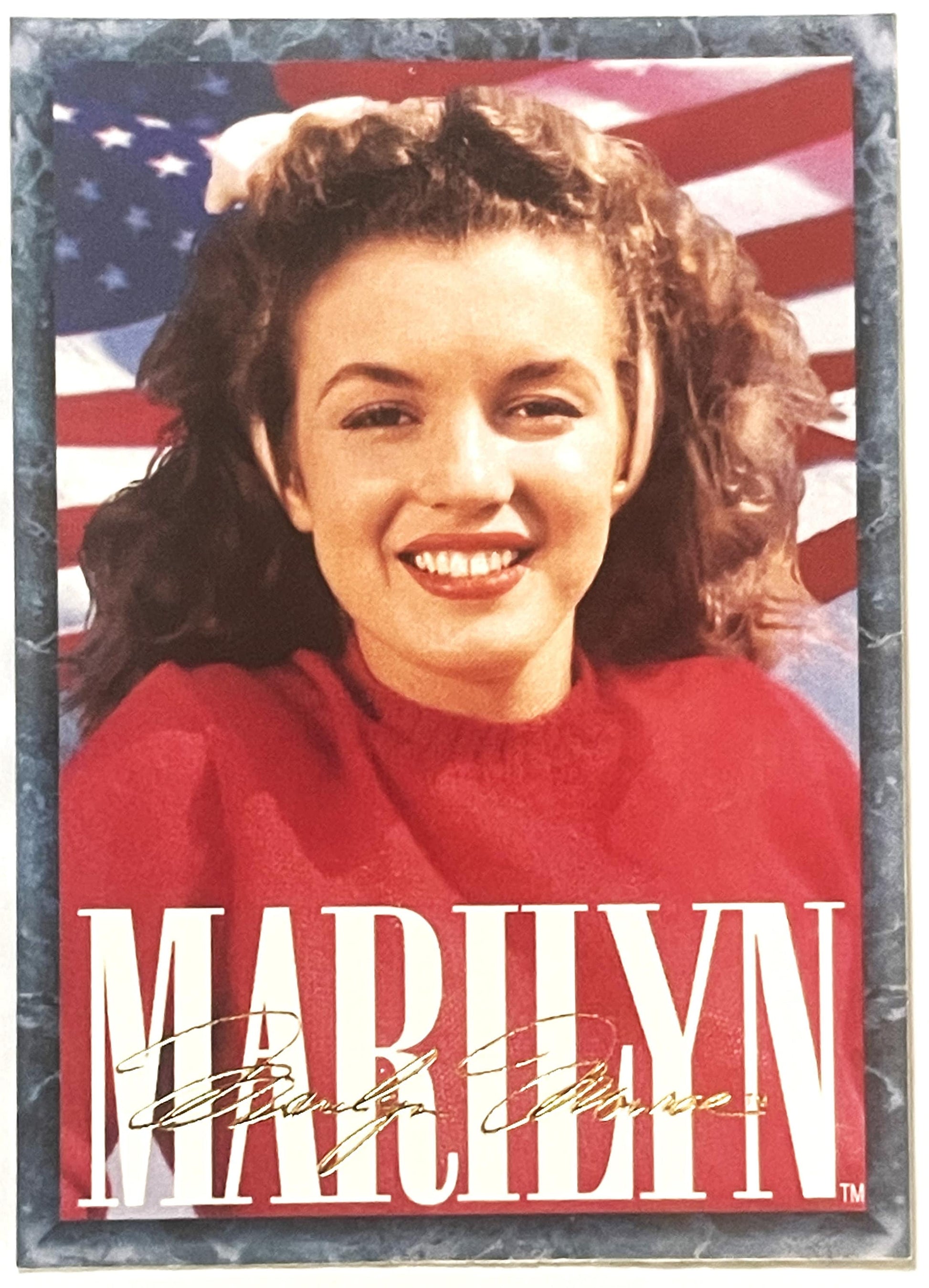 Vintage trading card featuring a woman in a red top smiling at camera with American flag background and her name printed belo