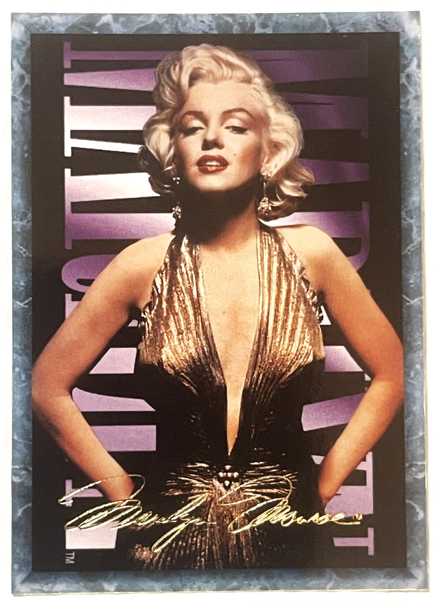 Vintage trading card featuring blonde woman in gold halter dress against purple striped background with signature and text ov