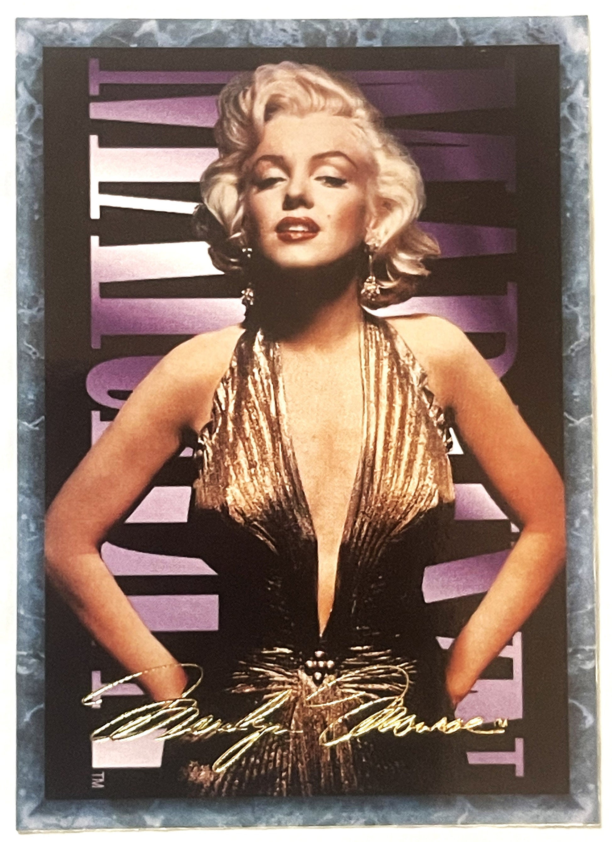 Vintage trading card featuring blonde woman in gold halter dress against purple striped background with signature and text ov
