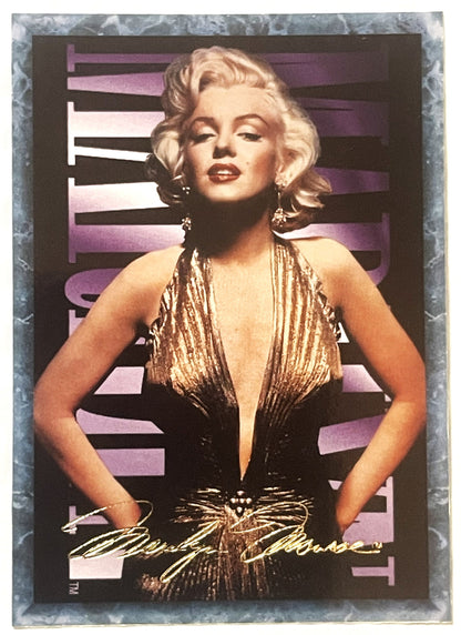 Vintage trading card featuring blonde woman in gold halter dress against purple striped background with signature and text ov