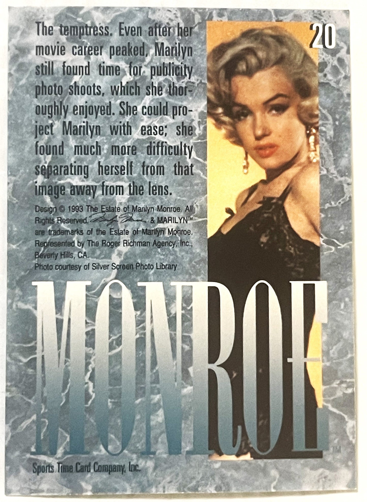 Trading card #20 featuring Marilyn Monroe portrait in black halter top against yellow background, with text about her photogr