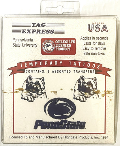 Vintage 1994 Penn State temporary tattoos package showing Nittany Lion mascot heads and logo on cream cardstock with red acce