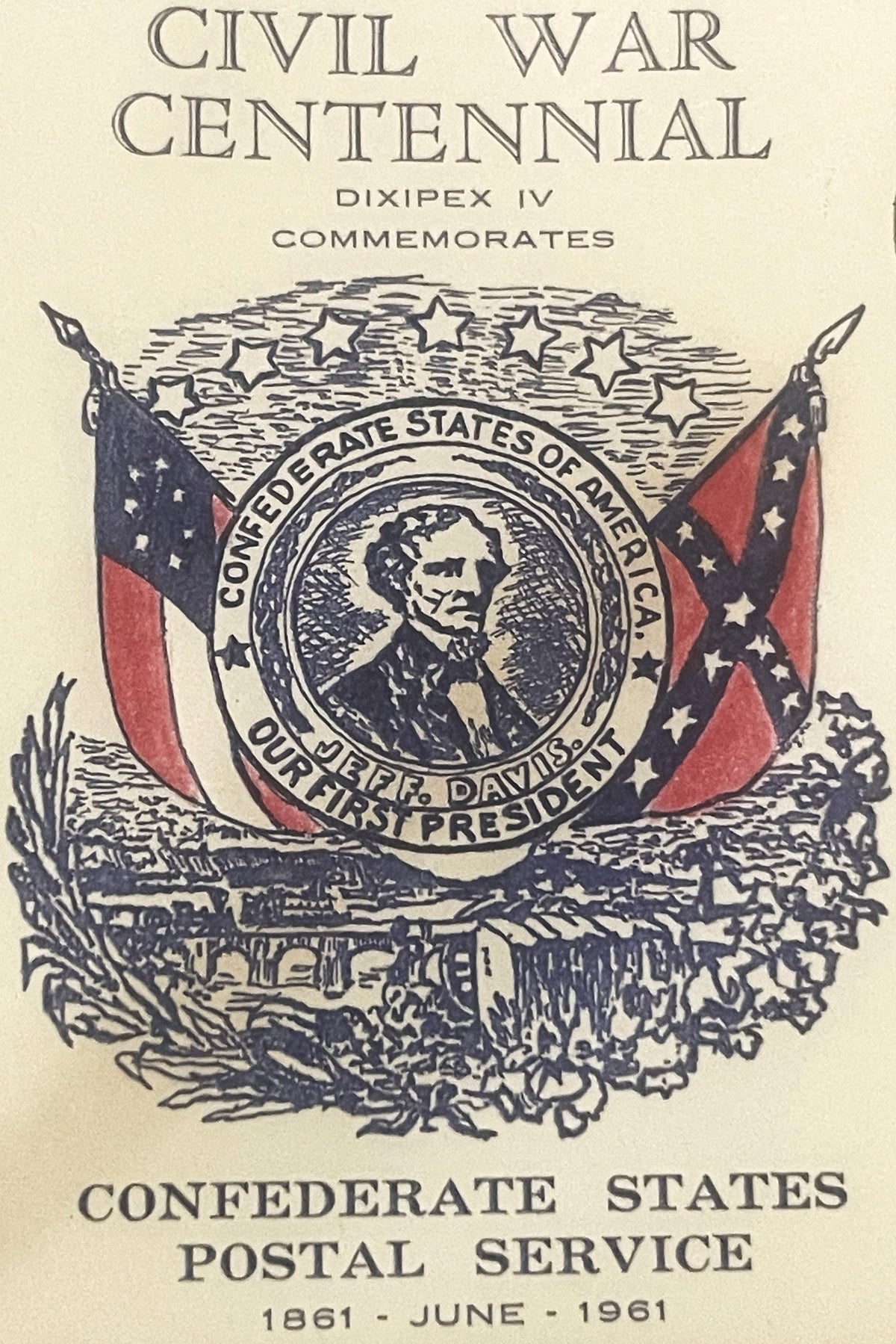 Vintage 1961 Civil War Centennial commemorative envelope featuring Confederate States seal with Jefferson Davis portrait, cro
