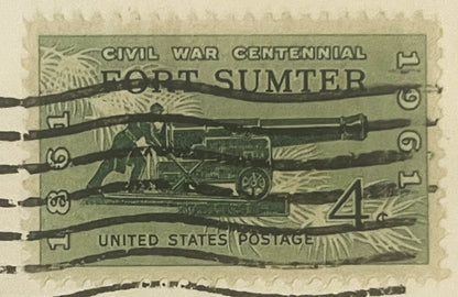 Vintage 1961 Civil War Centennial Fort Sumter 4-cent stamped envelope showing cannons and artillery in green, with black regi