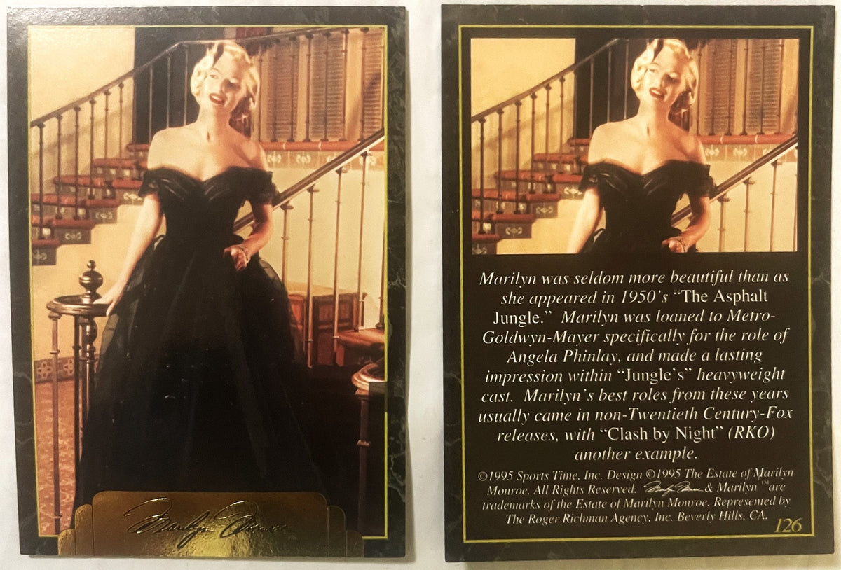 Front and back of 1995 Sports Time collectible card #126 featuring Marilyn Monroe in black off-shoulder gown on staircase, wi