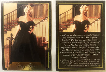 Front and back of 1995 Sports Time collectible card #126 featuring Marilyn Monroe in black off-shoulder gown on staircase, wi