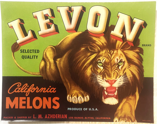 Vintage 1940s Levon Brand California Melons Crate Label — L. M. Azhderian, Los Banos-Blythe California