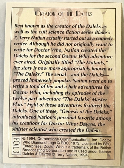 Cream-colored 1994 Doctor Who trading card with black text describing Terry Nation as creator of the Daleks