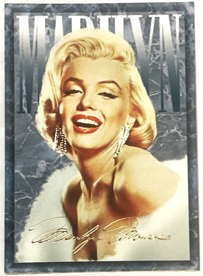 Vintage trading card featuring blonde woman with red lipstick and pearl earrings, smiling against marbled gray background wit