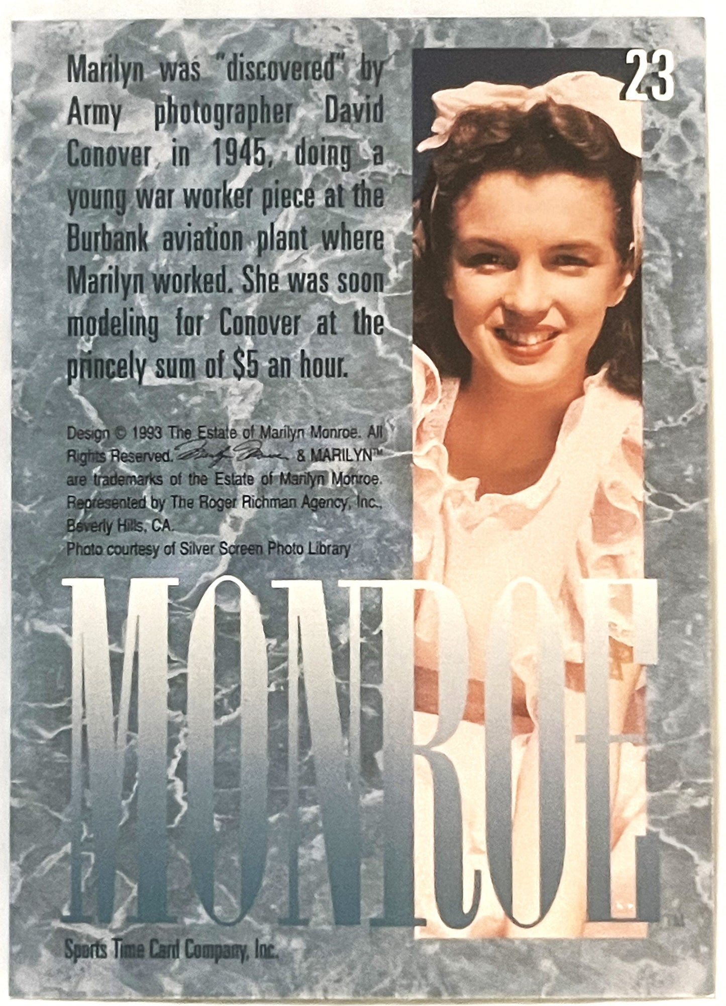 Trading card #23 showing young woman in white blouse with brown curled hair, smiling at camera, with "MONROE" text overlaid i