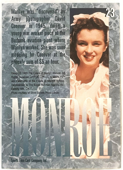 Trading card #23 showing young woman in white blouse with brown curled hair, smiling at camera, with "MONROE" text overlaid i