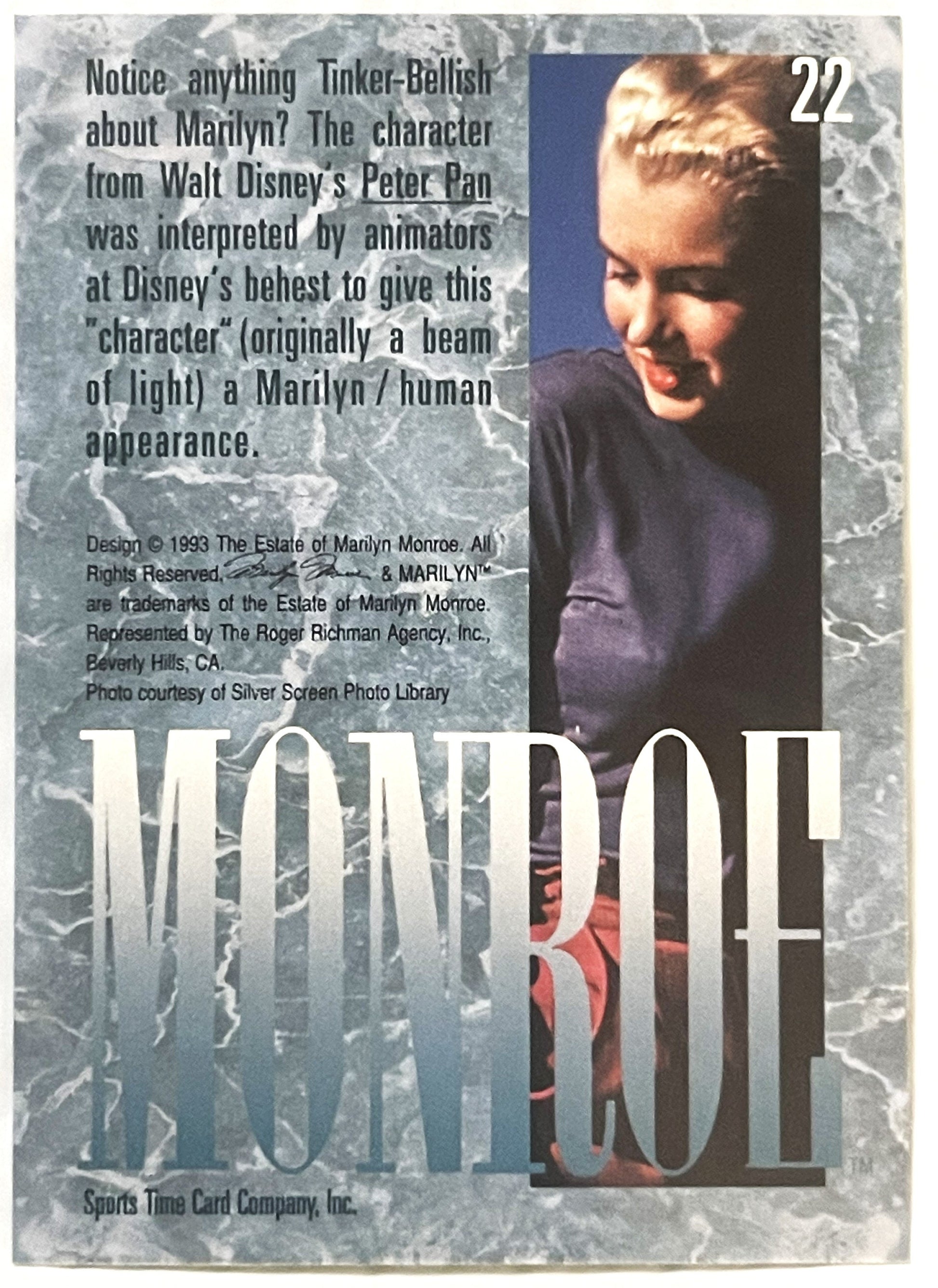 Trading card #22 featuring Marilyn Monroe photo with text about Tinker Bell character interpretation and copyright details, o