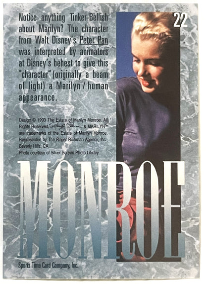 Trading card #22 featuring Marilyn Monroe photo with text about Tinker Bell character interpretation and copyright details, o