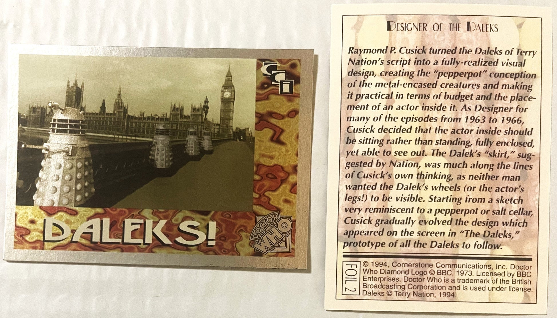 Vintage 1994 Doctor Who Daleks foil trading card showing a Dalek in London with Big Ben, accompanied by descriptive text abou