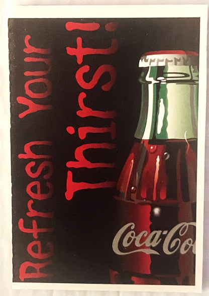 Vintage Coca-Cola promotional card with red text reading "Refresh+Fruit" on black background, bottle image on right side