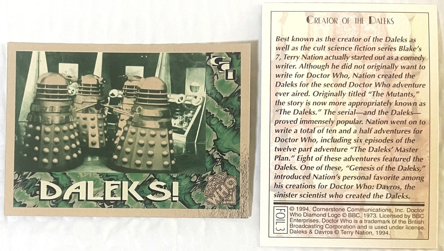 Front and back of vintage 1994 Doctor Who Daleks foil trading card showing metallic Daleks on green background and creator Te