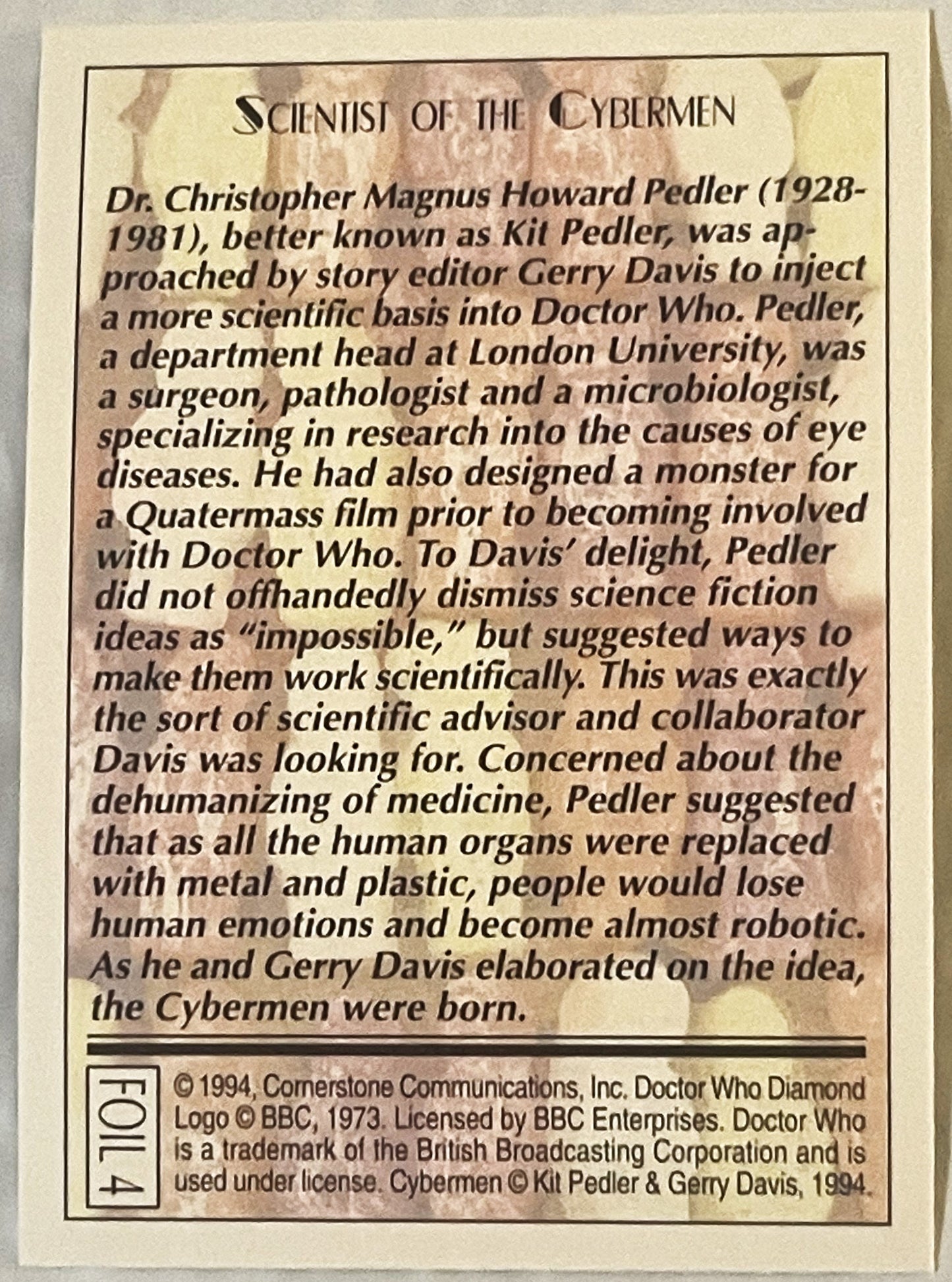 Vintage 1994 Doctor Who trading card with cream background, black text describing Kit Pedler and the origin of the Cybermen, 