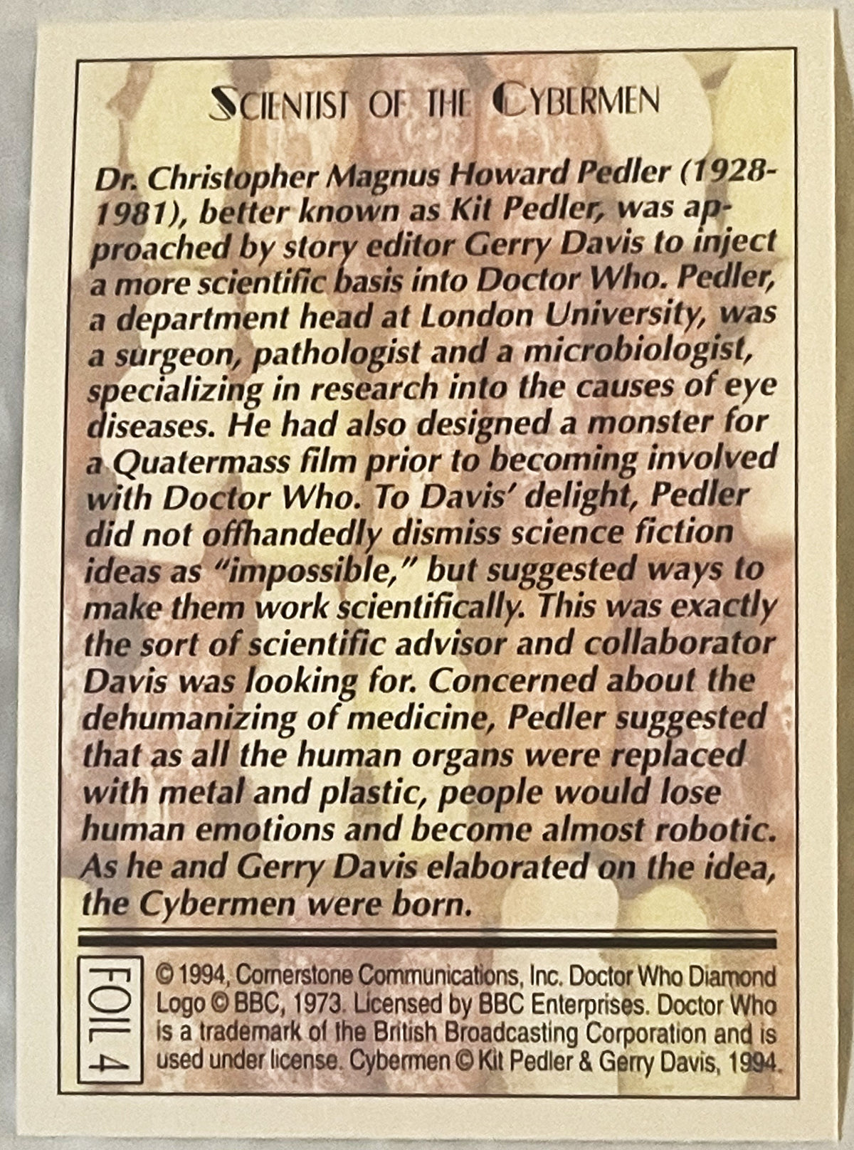 Vintage 1994 Doctor Who trading card with cream background, black text describing Kit Pedler and the origin of the Cybermen, 