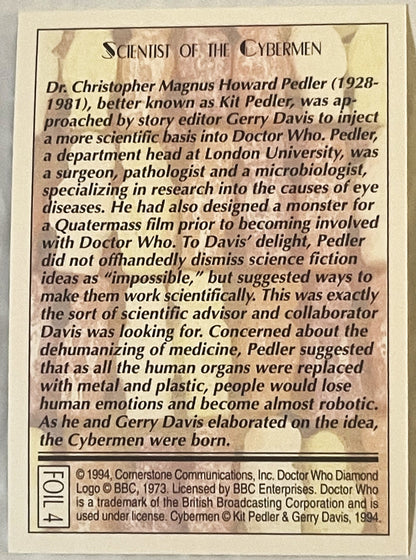 Vintage 1994 Doctor Who trading card with cream background, black text describing Kit Pedler and the origin of the Cybermen, 