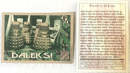 Front and back of the Doctor Who foil card side by side: four Daleks and DALEKS! on the front, CREATOR OF THE DALEKS text about Terry Nation and a boxed FOIL 3 on the back