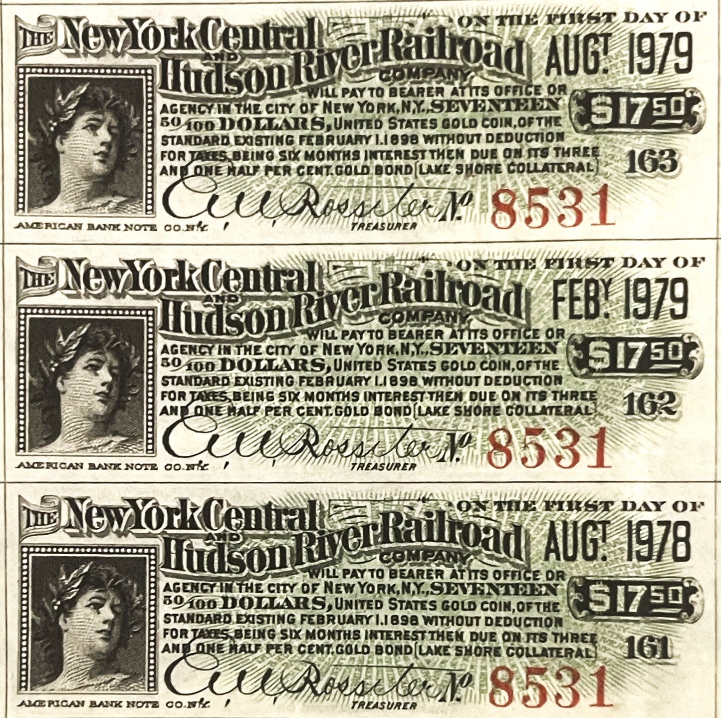 Three historical New York Central & Hudson River Railroad gold bond certificates dated 1898, 1979, and 1978, showing portrait